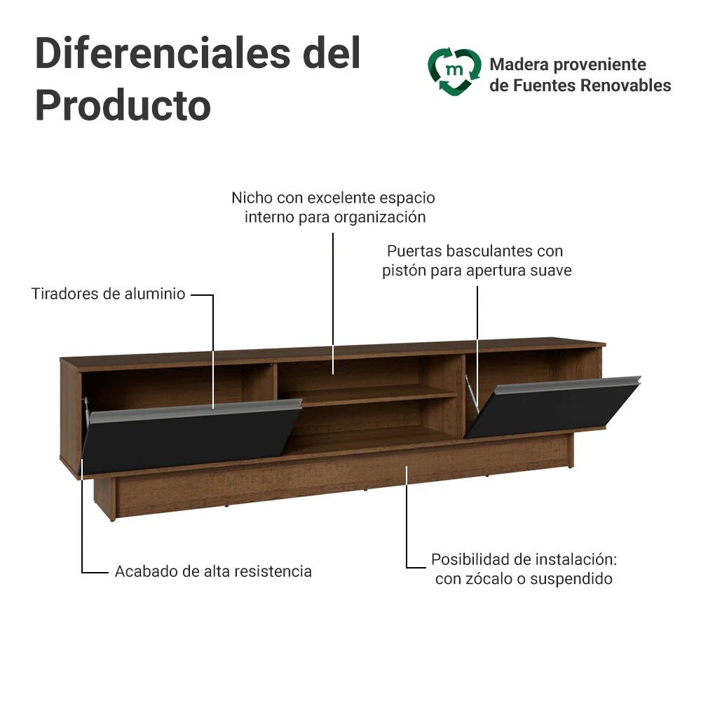 Rack para TV hasta 80 Pulgadas 218 cm 2 Puertas Marrón/Negro Glamy Madesa - Image 4