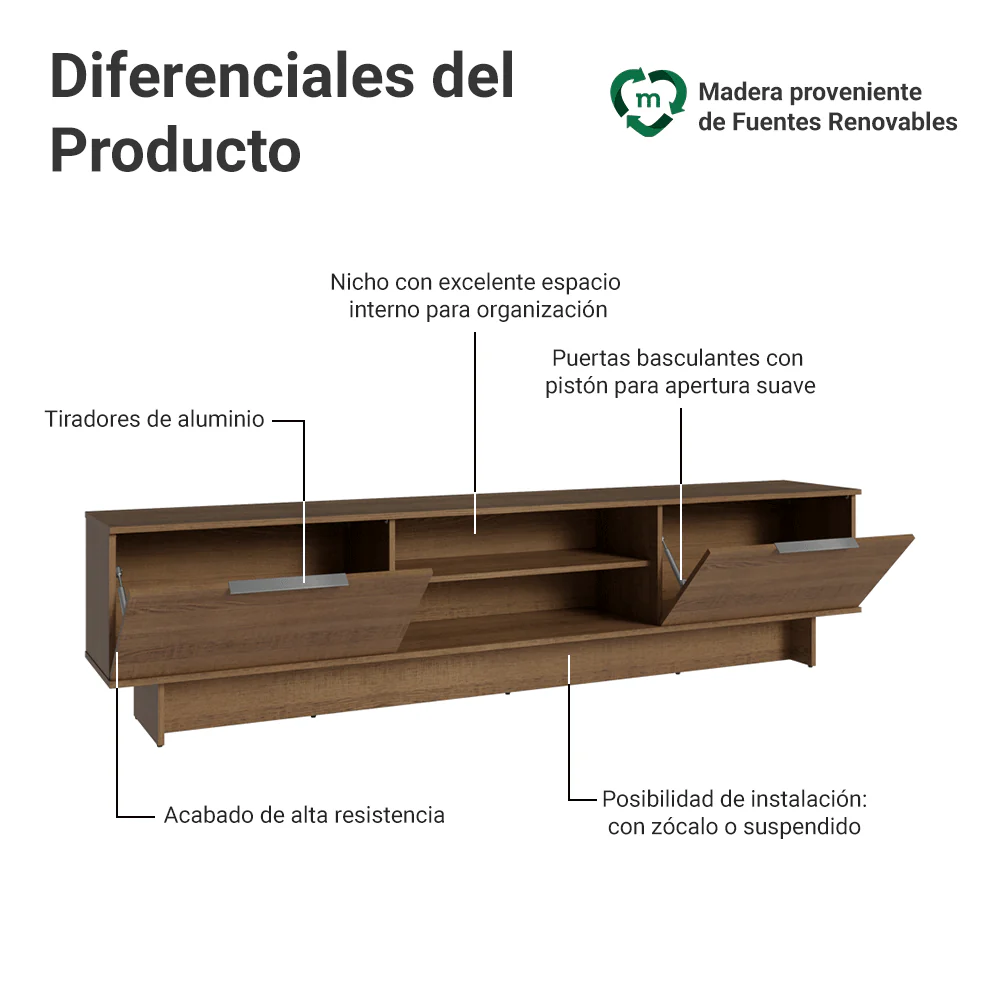 Rack para TV hasta 80 Pulgadas 218 cm 2 Puertas Marrón Stella Madesa - Image 4