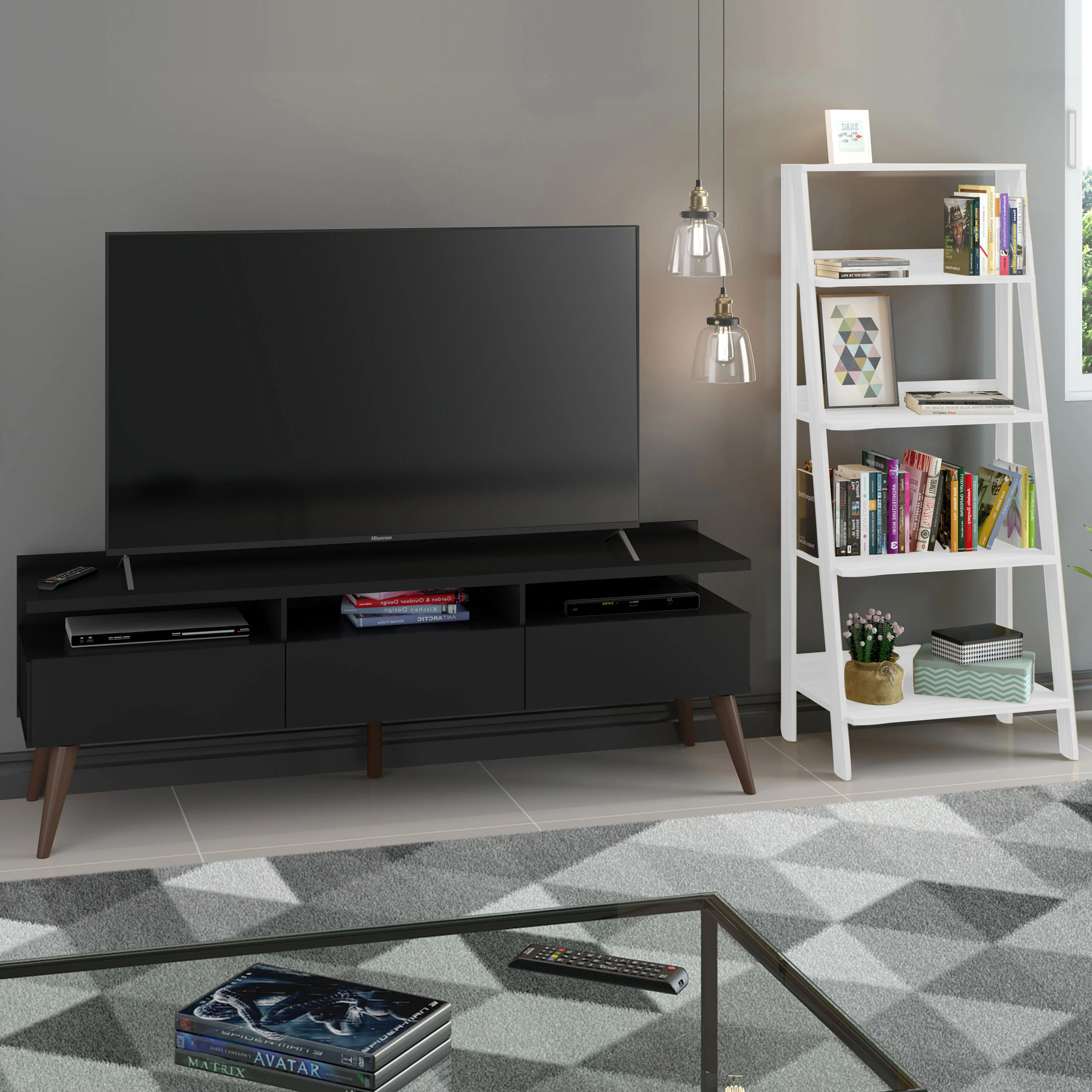 Rack para TV Londres hasta 65 pulgadas y librería Escalera en color Negro/Blanco