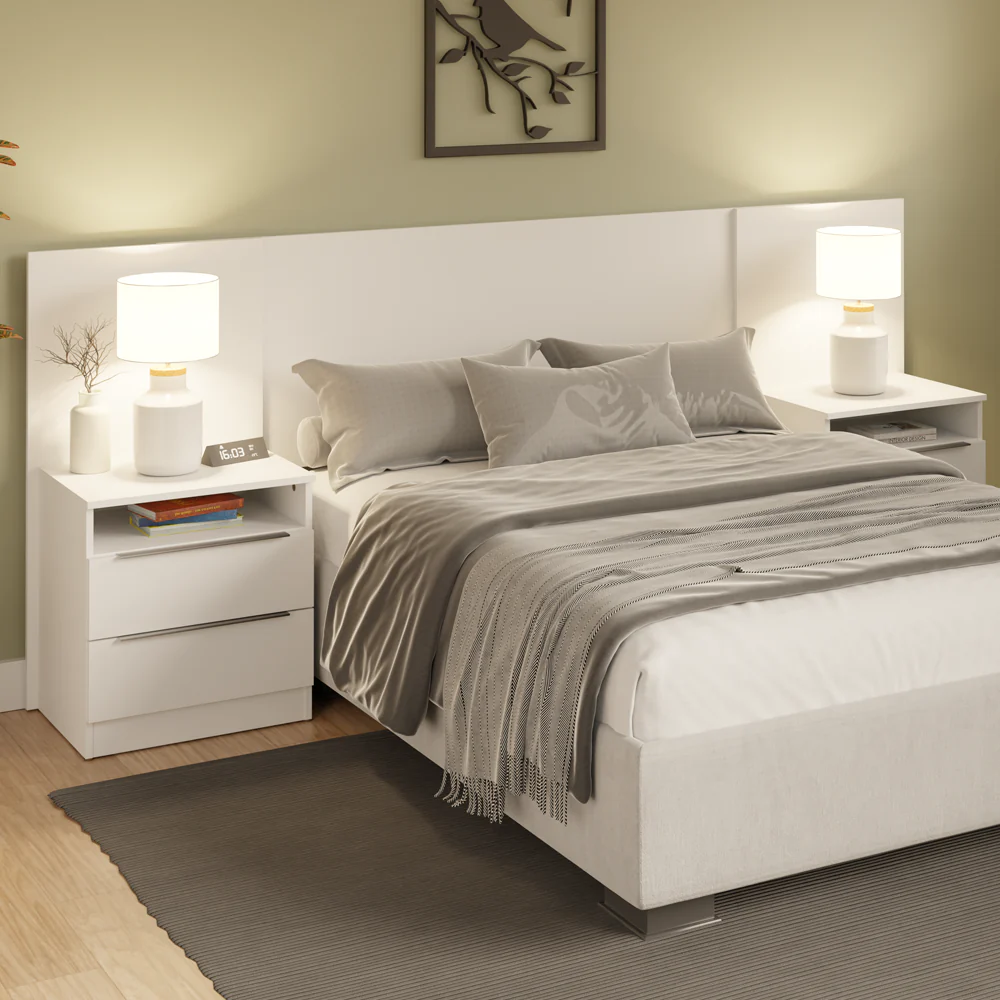 Respaldo de cama extensible Madesa con 2 Mesas de Luz Blanco