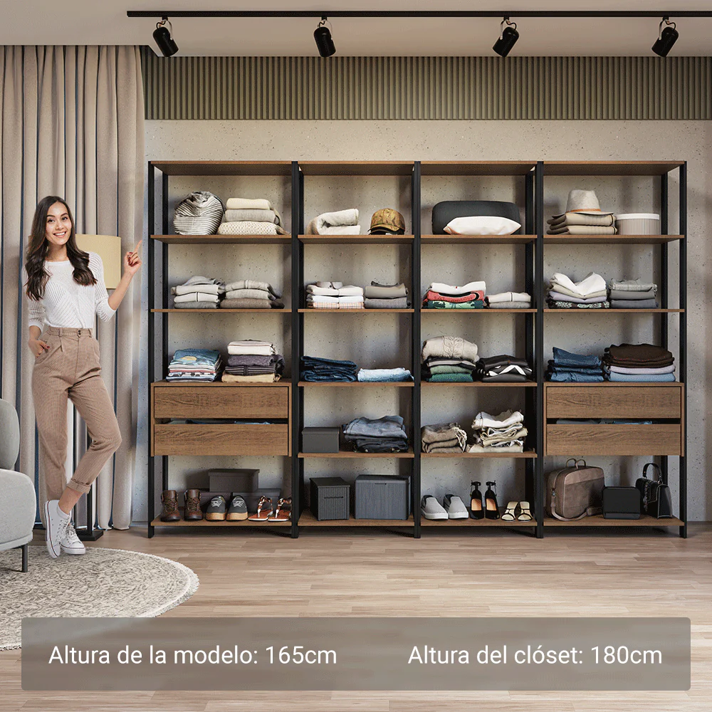 Ropero Placard 258 cm 4 Cajones 18 Repisas Valencia Marrón/Negro - Image 4
