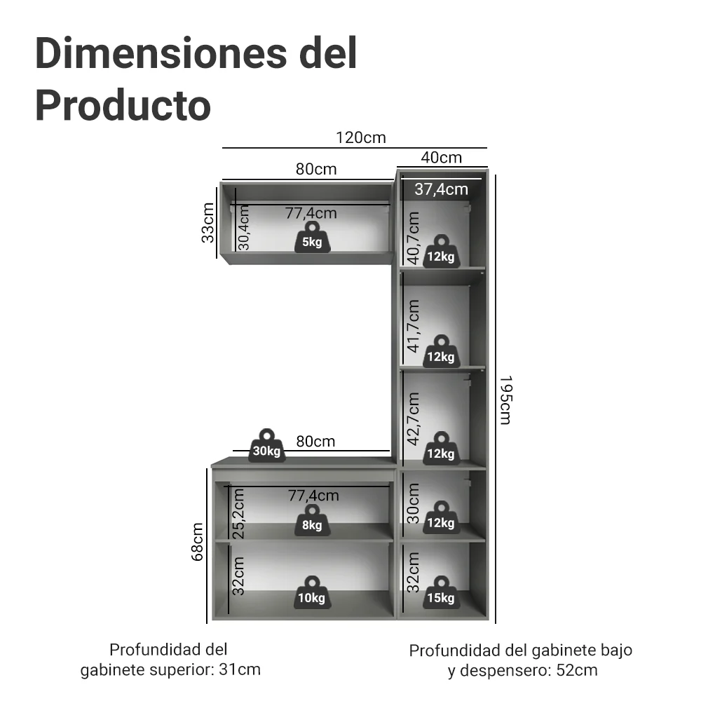 Vanitory, 120 cm, 5 puertas, Gris Nice 02 - Image 2